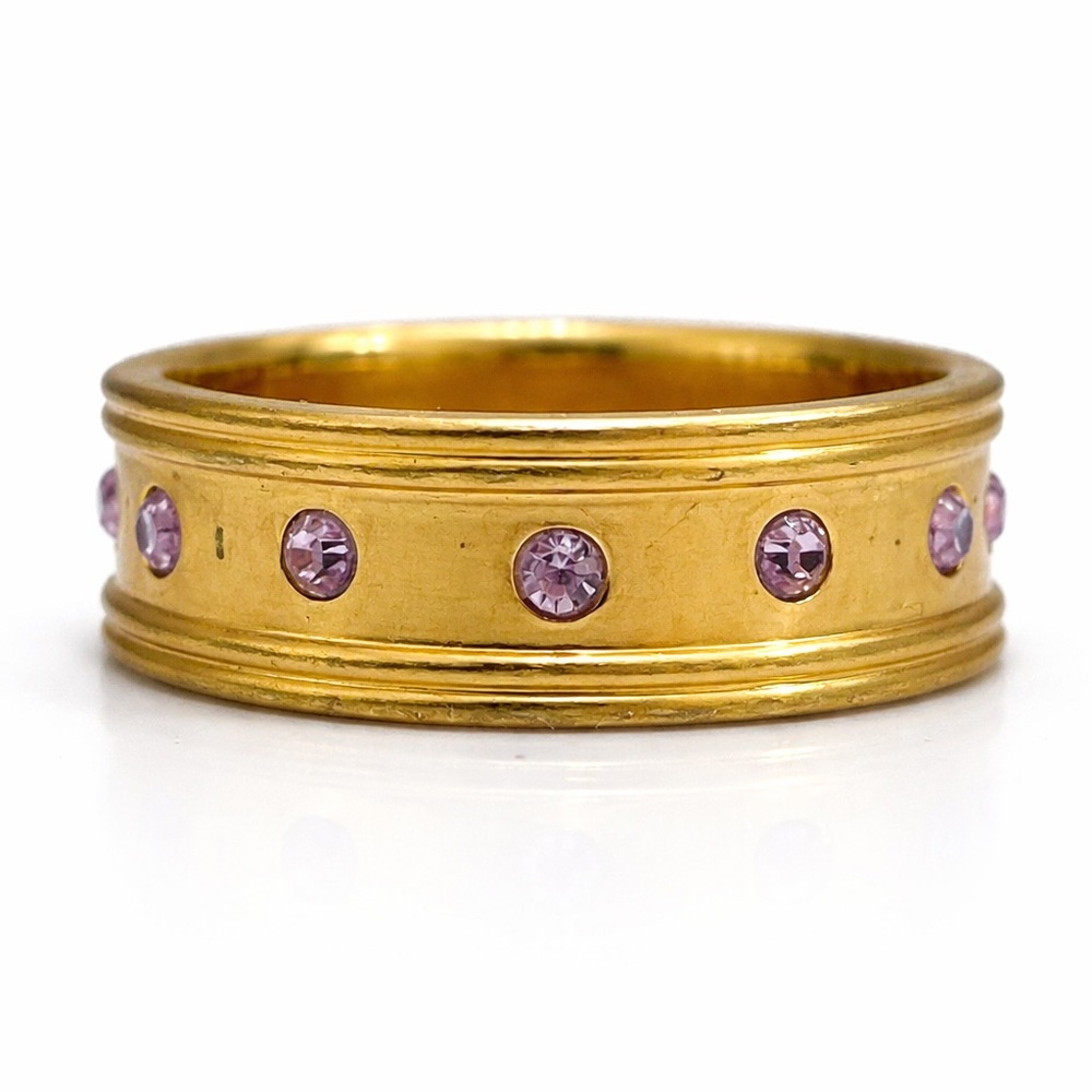 Vintage Gold Tone Band Ring Purple  Rhinestones Size 7.25 Statement minimalist